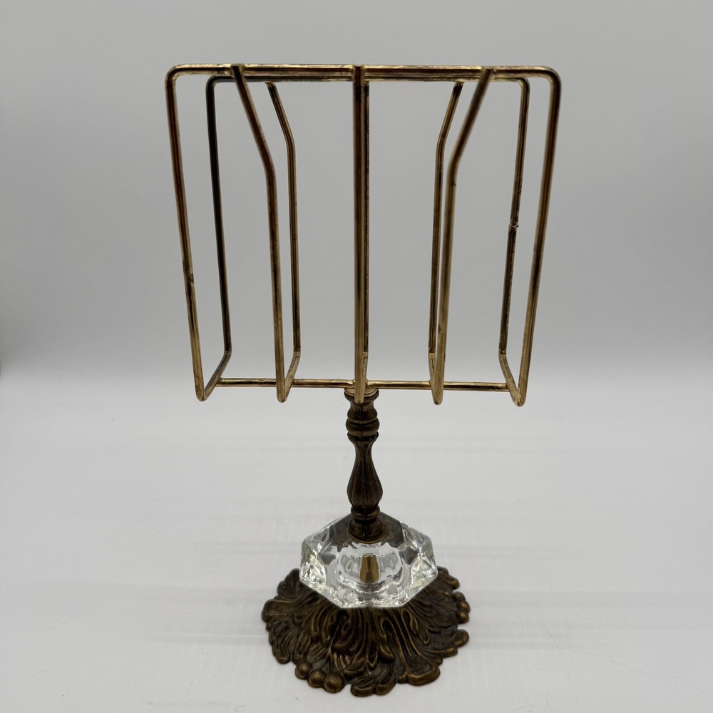 Vintage Hollywood Regency Brass Wire Desk Mail Sorter Letter Holder Glass Crysta